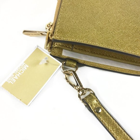 Michael Kors Gold Leather Jet Set Travel Large Double Zip Wristlet Wallet - Picture 3 of 6